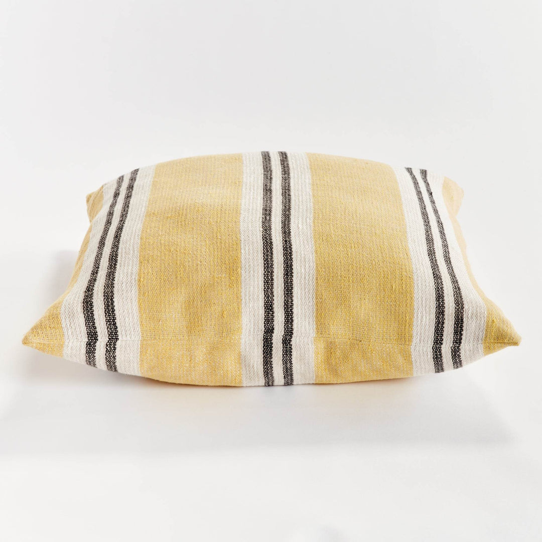 Side profile of 24-inch flax linen striped pillow in ochre and charcoal, showing woven texture and removable cover – Modern Boho.