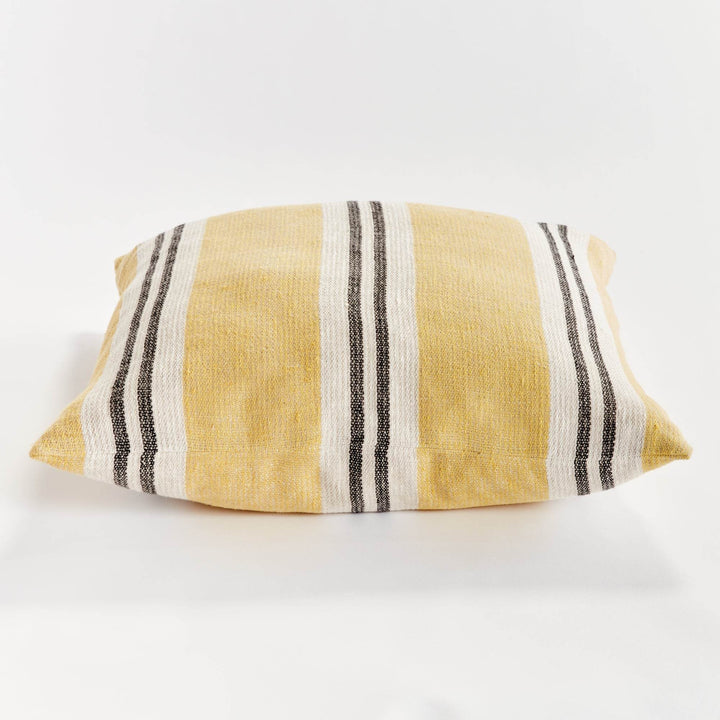 Side profile of 24-inch flax linen striped pillow in ochre and charcoal, showing woven texture and removable cover – Modern Boho.