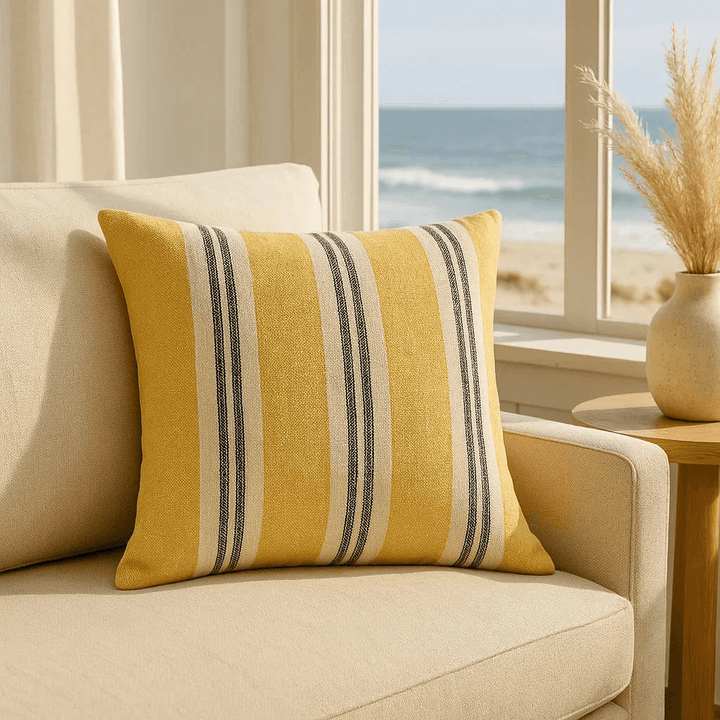 Closeup of 24-inch flax linen striped pillow in ochre and charcoal, highlighting yarn-dyed weave – Modern Boho.