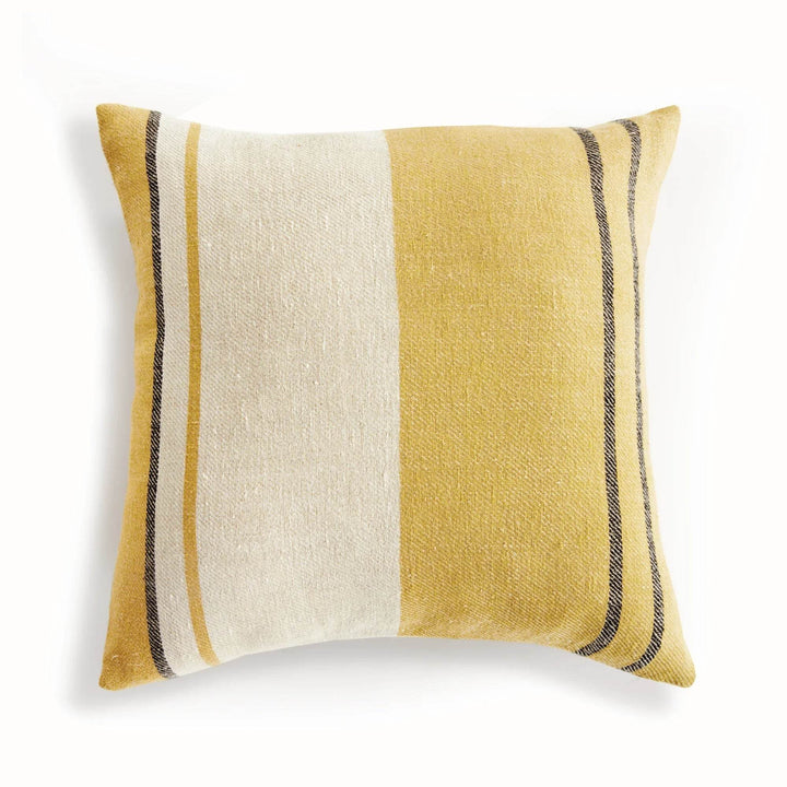 Front view of 20-inch flax linen throw pillow in ochre and gray stripes, profile, woven texture, insert included – Modern Boho.