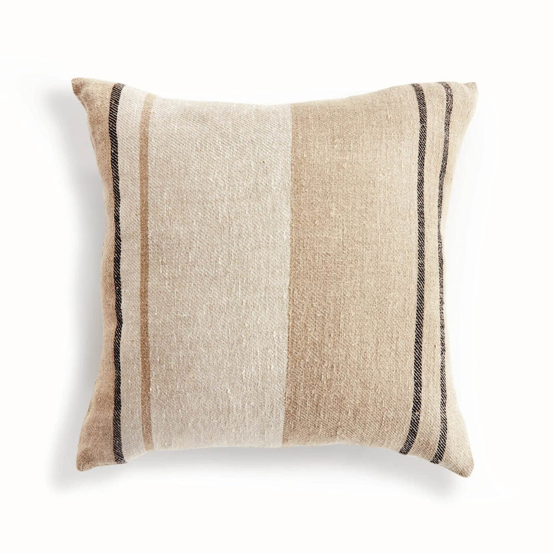 Front view of 20-inch flax linen throw pillow in tan and gray stripes, profile, woven texture, insert included – Coastal.