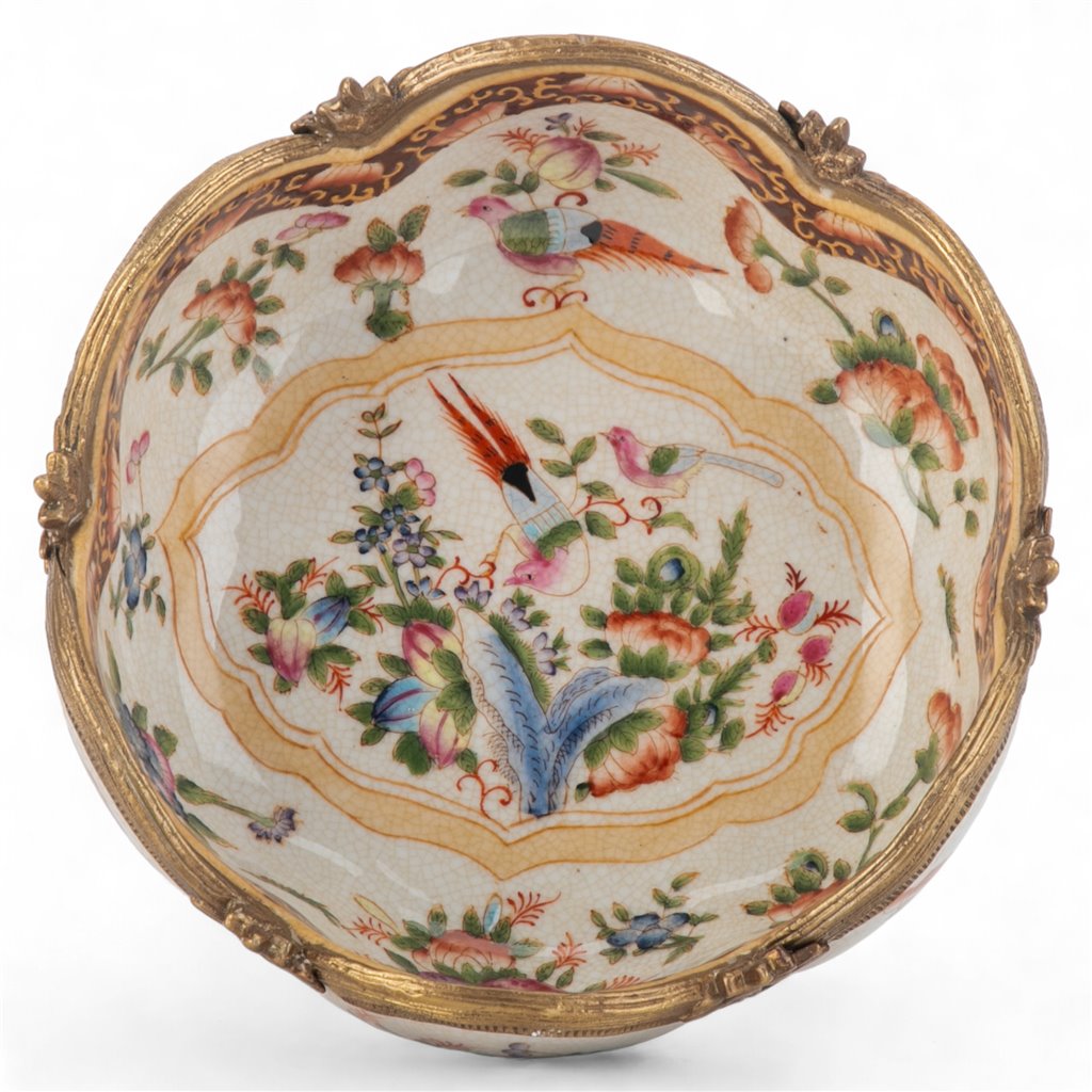 Underside detail of floral porcelain decorative bowl with bronze ormolu trim and decorative floral artwork – Traditional style