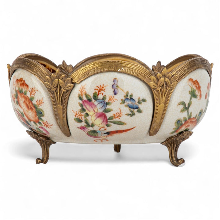 Floral porcelain decorative bowl with bronze ormolu accents and scalloped silhouette for elegant tabletop styling – Traditional style