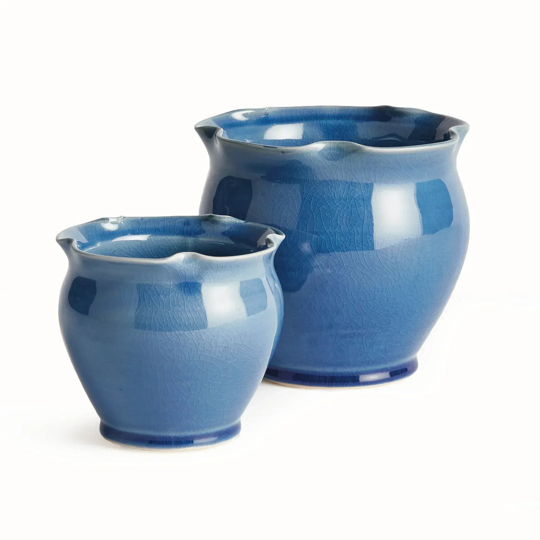 Blue glazed ceramic planter set with two rounded pots, softly ruffled rims and a graduated pot sizes. Classic Transitional