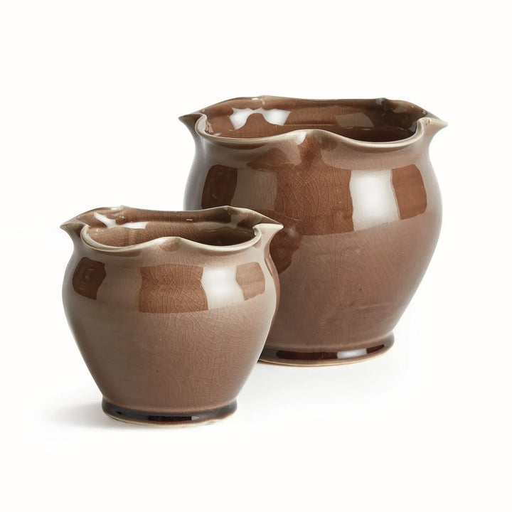 Brown glazed ceramic planter set with two rounded pots, softly ruffled rims and a graduated pot sizes. Classic Transitional