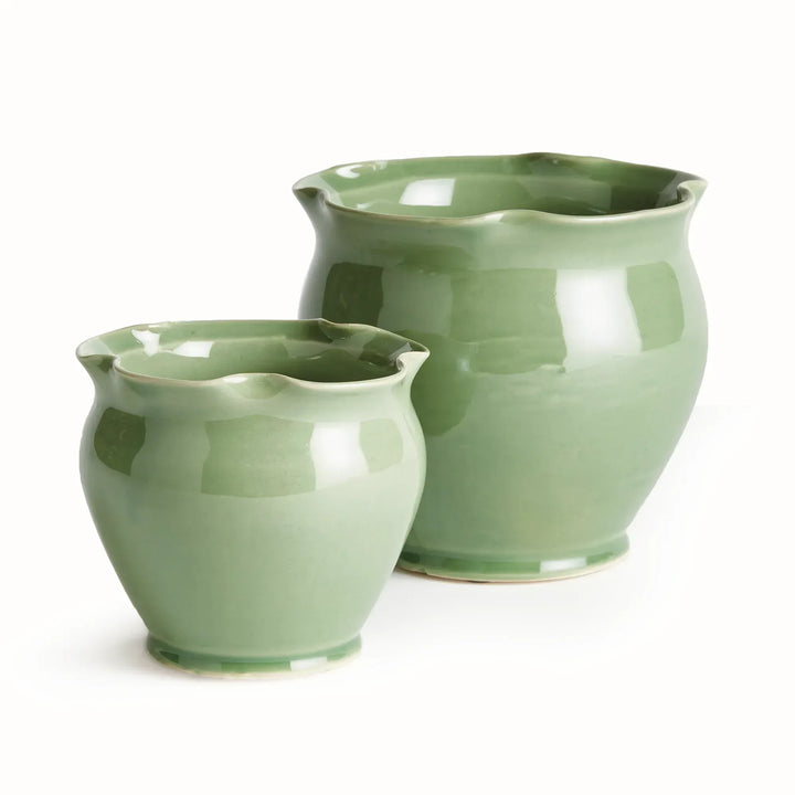 Green glazed ceramic planter set with two rounded pots, softly ruffled rims and a graduated pot sizes. Classic Transitional