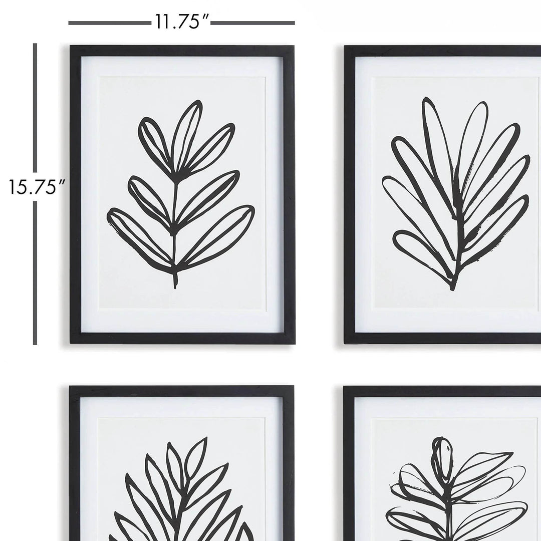 Sketched black line leaf prints arranged vertically in black frames – modern minimalist wall décor
