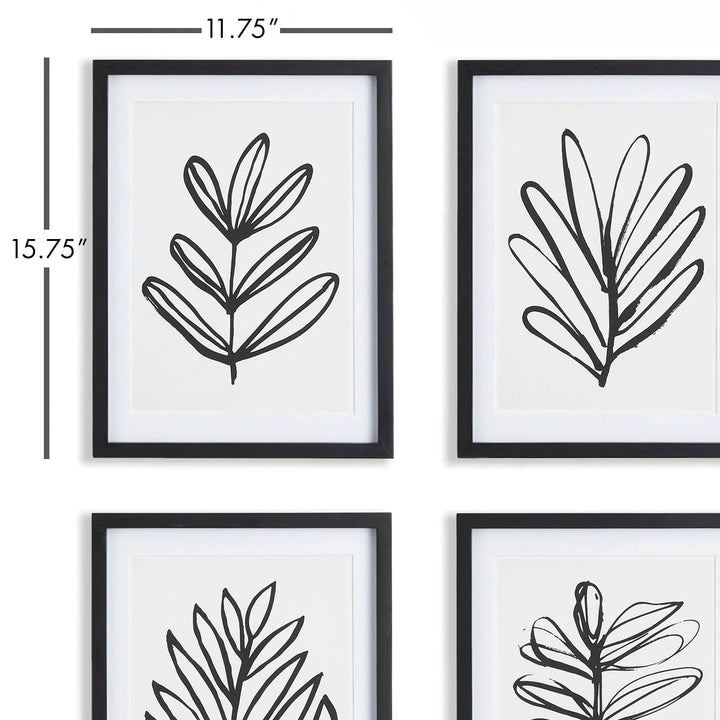 Sketched black line leaf prints arranged vertically in black frames – modern minimalist wall décor
