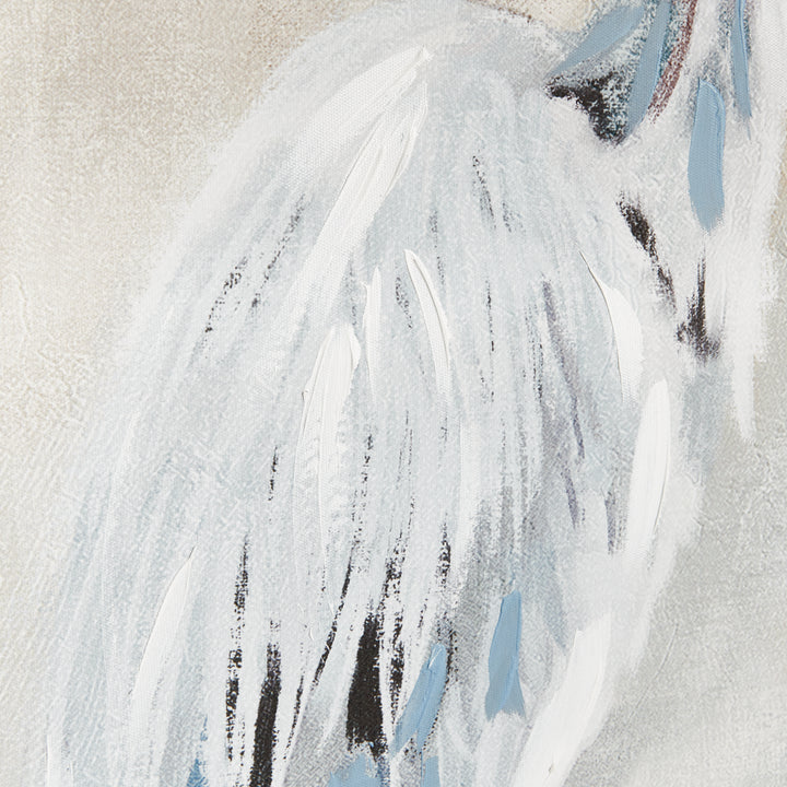 Close view of hand-embellished heron canvas artwork showing white and blue feather detail with texture, Coastal Transitional