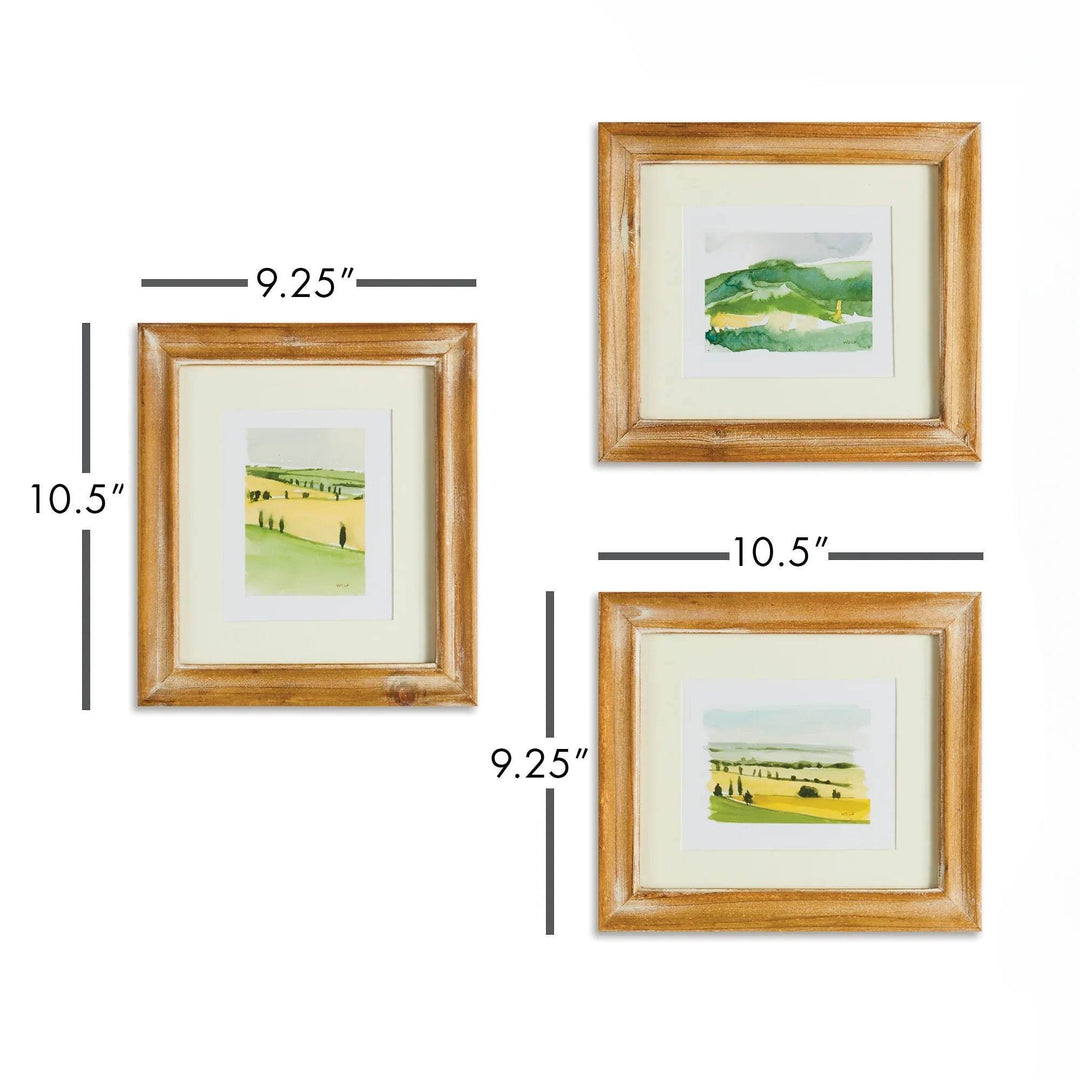 Framed Italian landscape prints by Whitney Wolf shown with dimensions, set of three watercolor countryside art pieces for wall decor – Modern Traditional.

