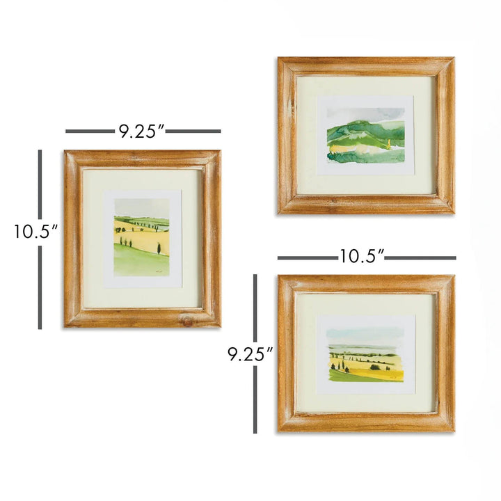 Framed Italian landscape prints by Whitney Wolf shown with dimensions, set of three watercolor countryside art pieces for wall decor – Modern Traditional.

