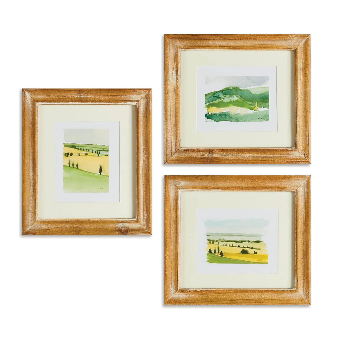 Set of three framed Italian landscape prints by Whitney Wolf on white background, watercolor countryside scenes under glass – Modern Traditional.

