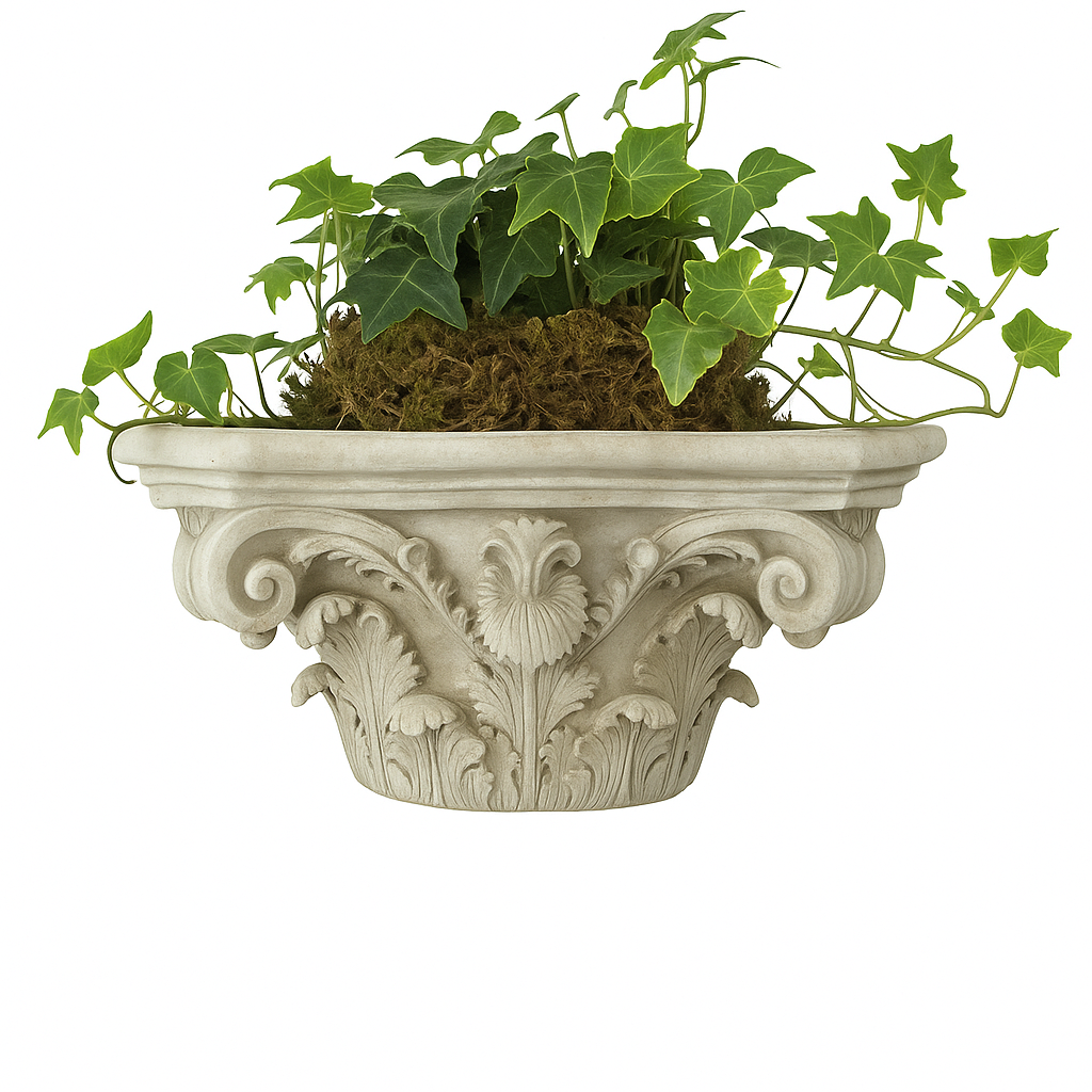 Antique white French Capital wall planter with ivy, showcasing sculptural detail against a clean white product background.

