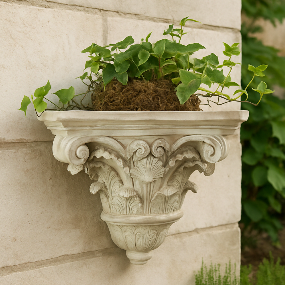French wall planter shelf with trailing ivy mounted on stone exterior, styled for classic outdoor garden or courtyard decor.

