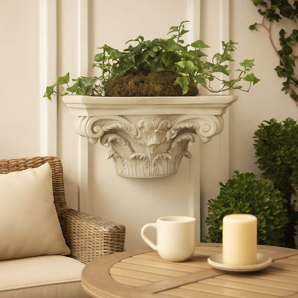 Antique white French wall planter shelf with ivy, styled in a classical patio with molding detail and soft neutral furnishings.

