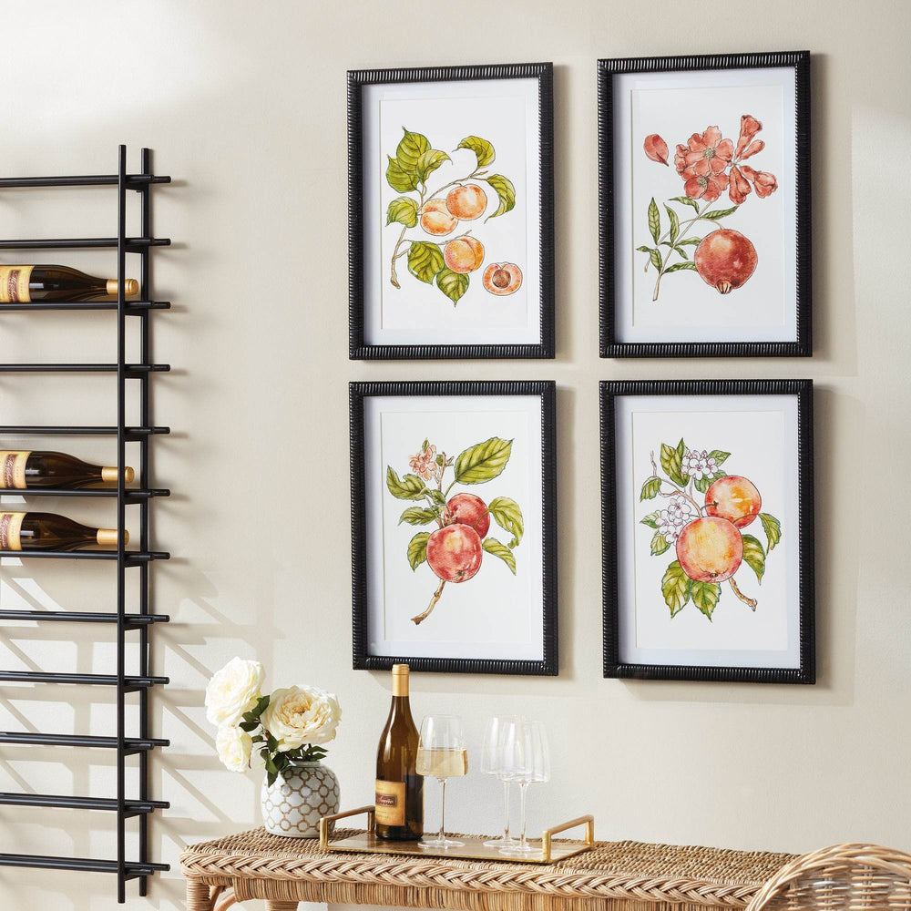 Framed fruit botanical prints set of four, styled on dining room wall above a console table with wine rack and flowers for Modern Farmhouse décor.
