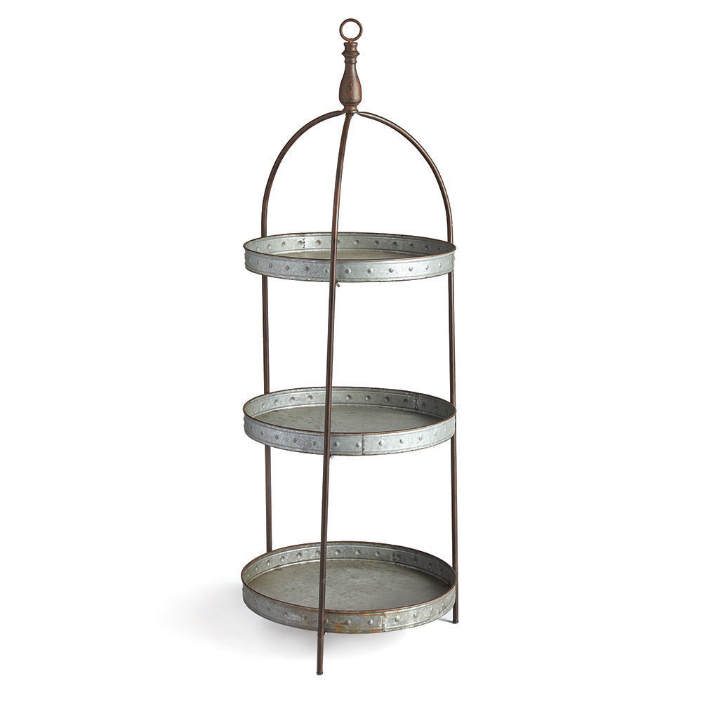 Galvanized metal 3-tier display stand with round trays and rustic farmhouse design, 56 inch tall tiered decor shelf.

