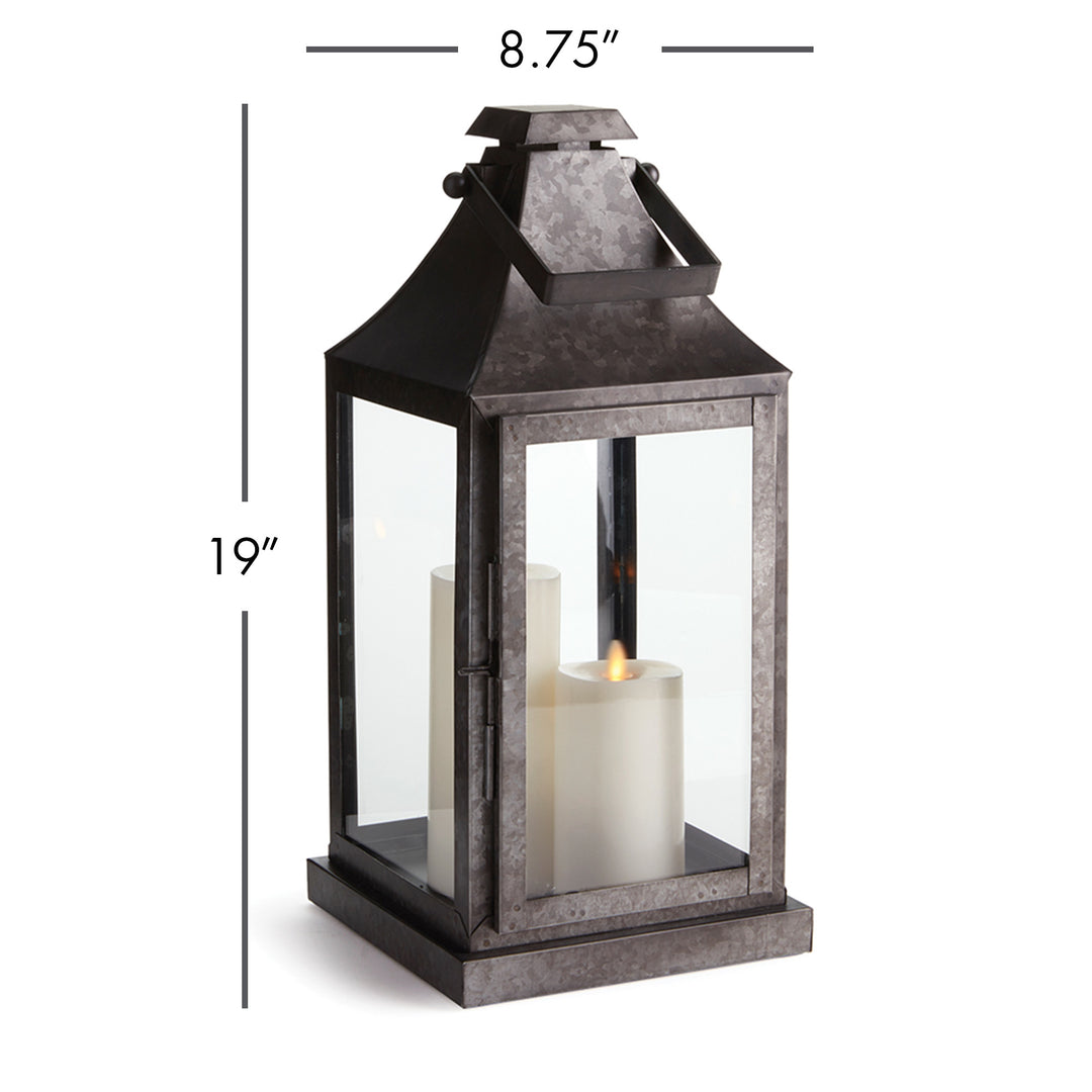 Galvanized metal lantern with glass panels and dimensional measurements shown for outdoor candle lantern style