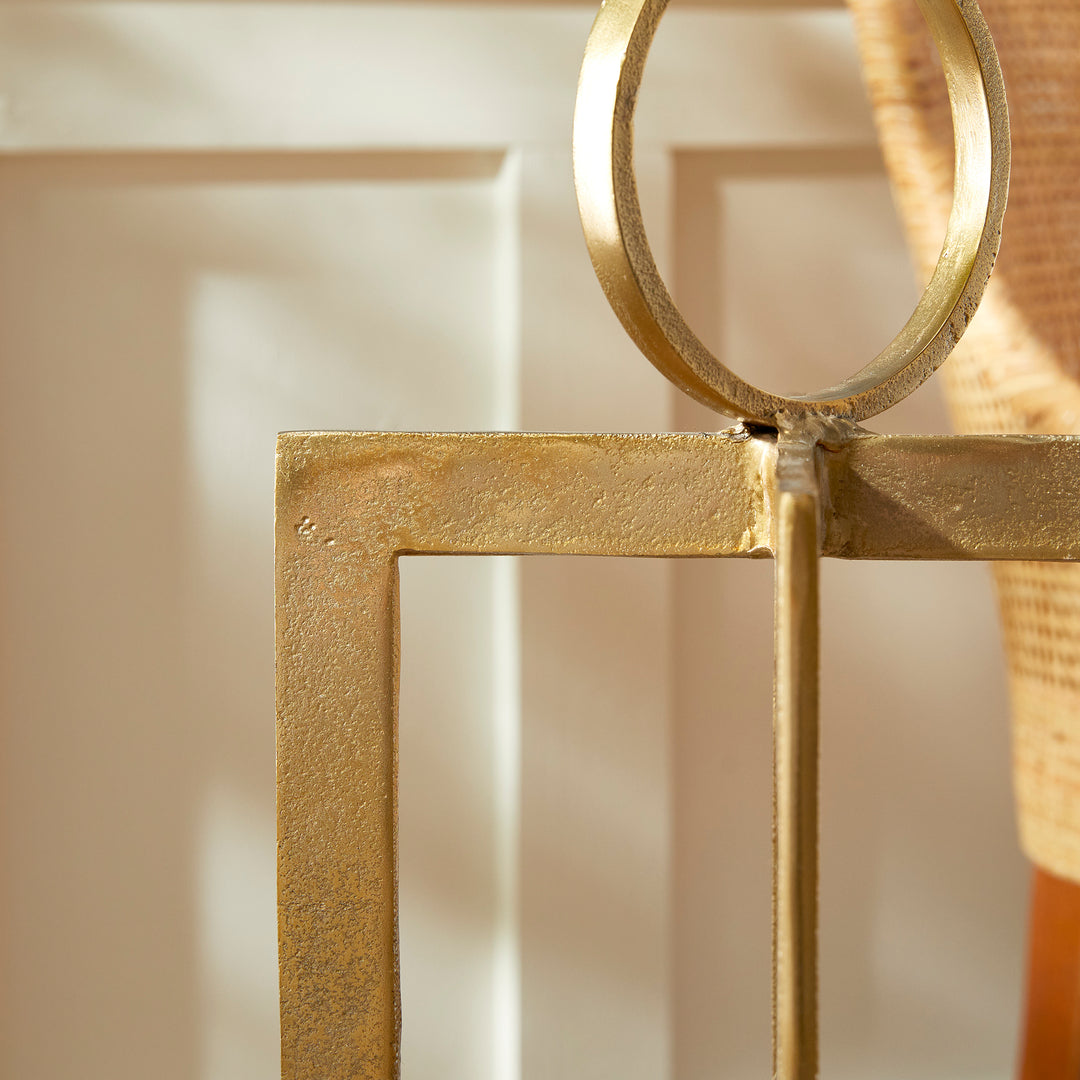 Close view of antique gold geometric metal lantern textured frame and open geometric construction, decorative lantern Transitional style
