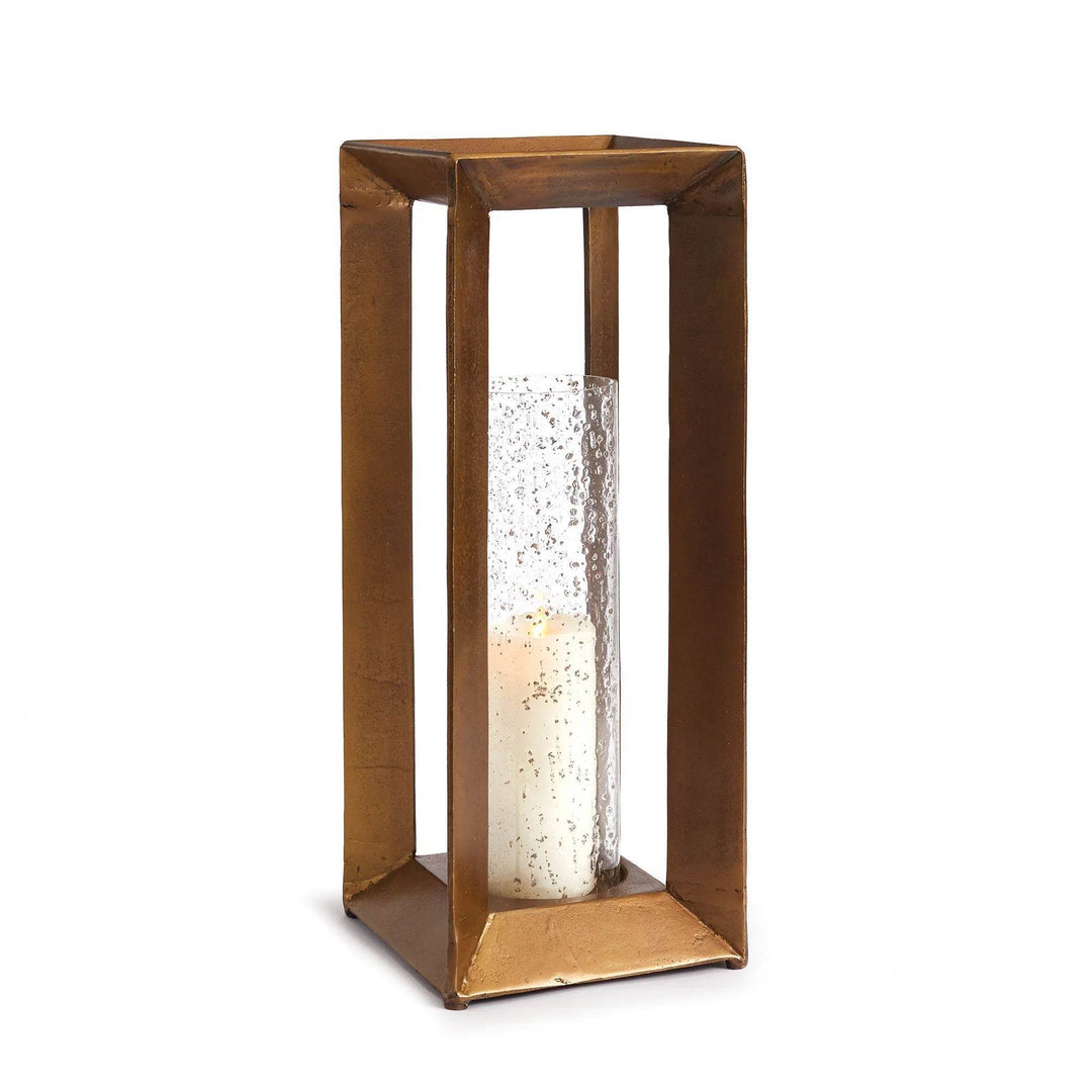 Glass hurricane candle holder with antique brass metal frame and seeded glass insert, 24.25 inch height for indoor decor, Contemporary