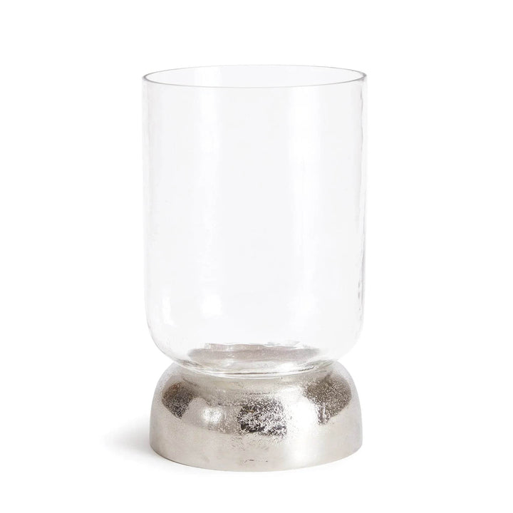 Front view of cylindrical hammered glass candle holder with silver base, clean minimal profile – Transitional Modern

