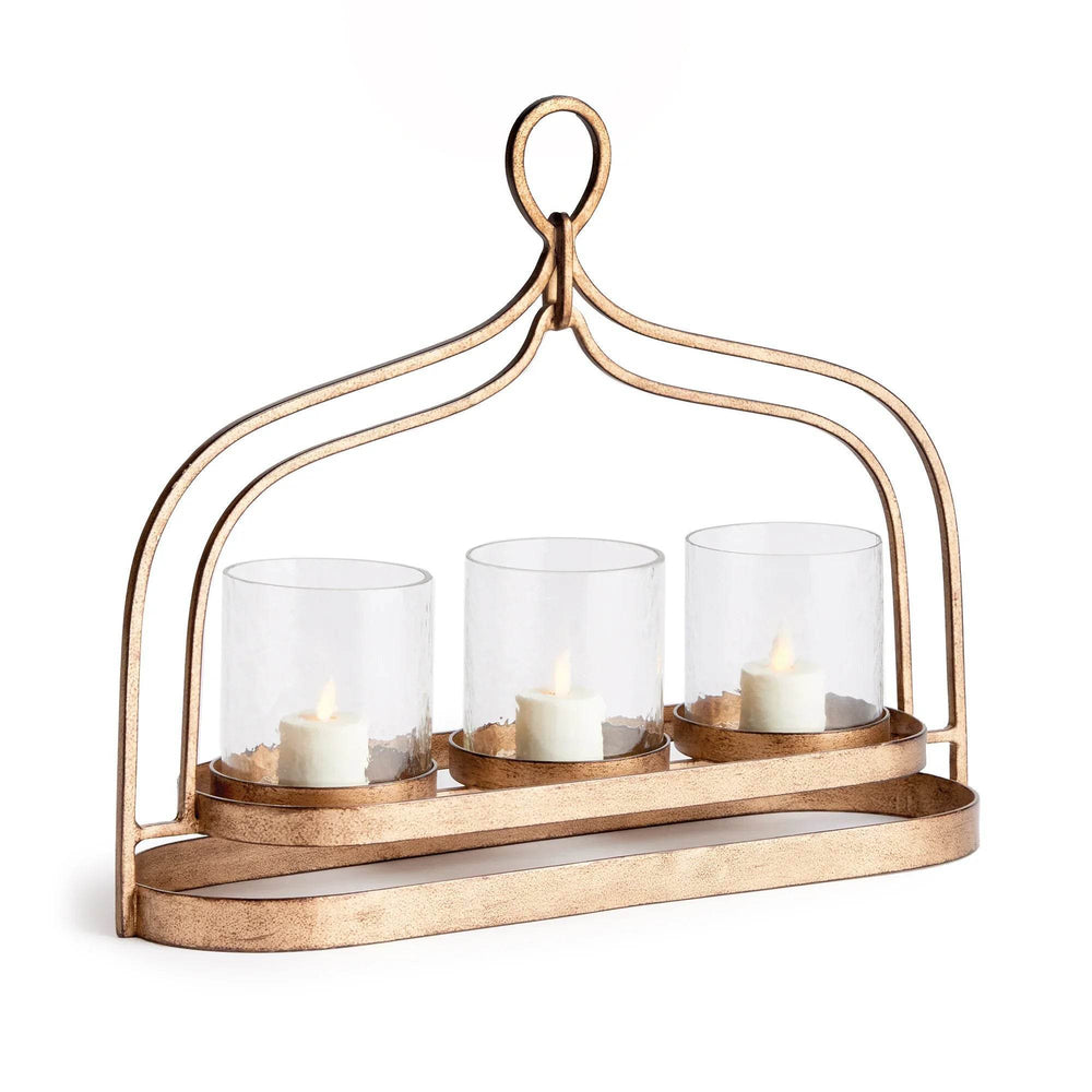 Front view of transitional gold hurricane candle holder with hammered glass cylinders and loop handle, iron frame with elongated tray – Transitional