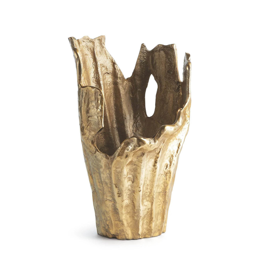Gold aluminum decorative vase with textured organic rim, 14.25 inches tall, sculptural form shown on white background – Organic Modern.