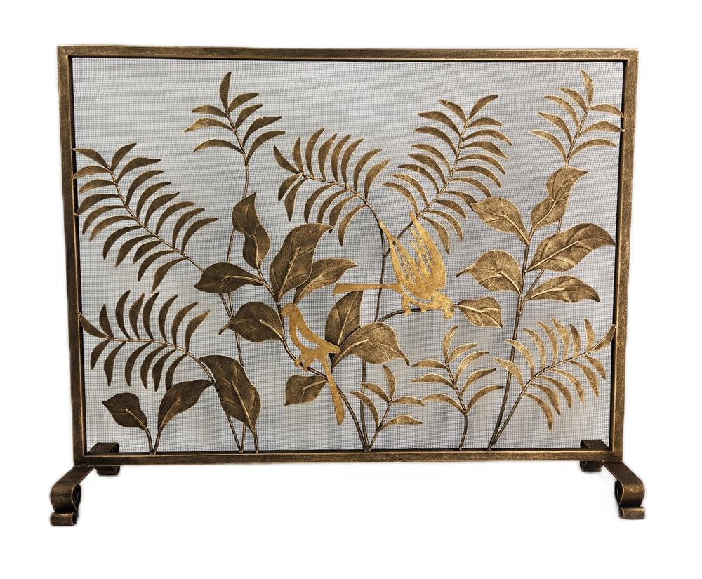 Gold single-panel fireplace screen with layered leaf motifs, bird accents, mesh backing and fixed legs on white | Traditional