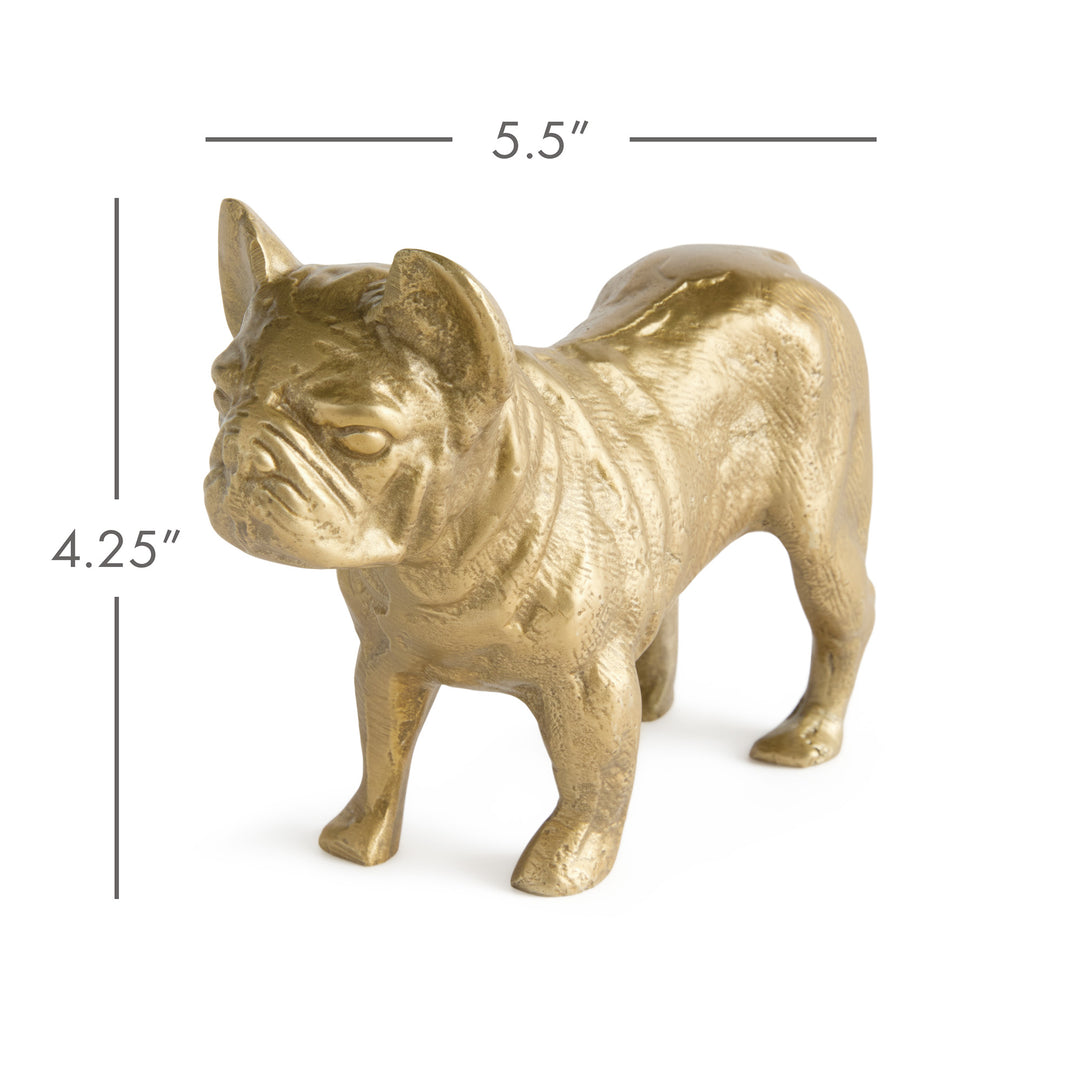 Gold cast aluminum bulldog sculpture with dimensions shown, measuring 5.5 inches wide by 4.25 inches high – Traditional