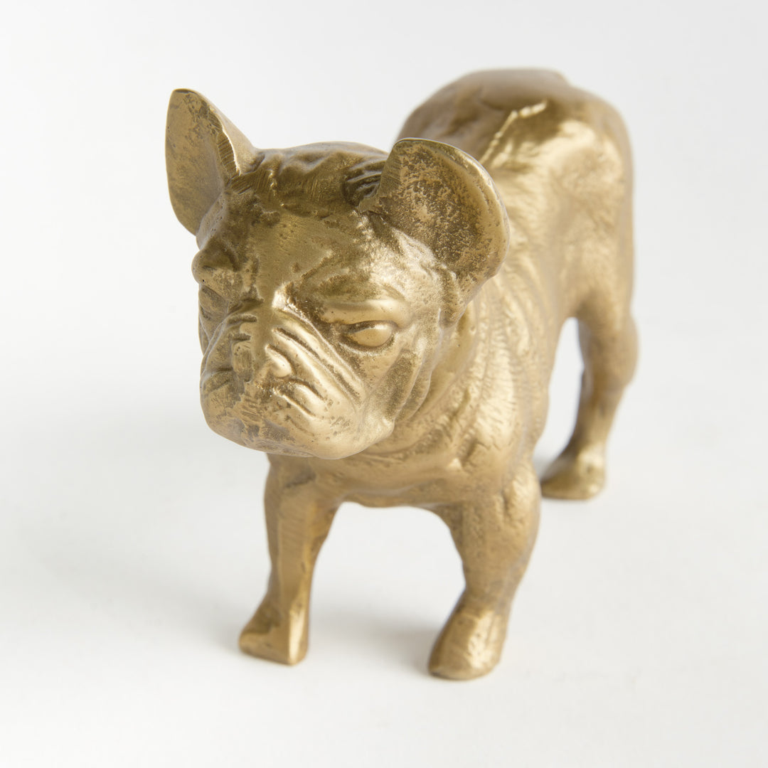 Gold cast aluminum bulldog sculpture showing detailed facial features and compact standing form – Traditional