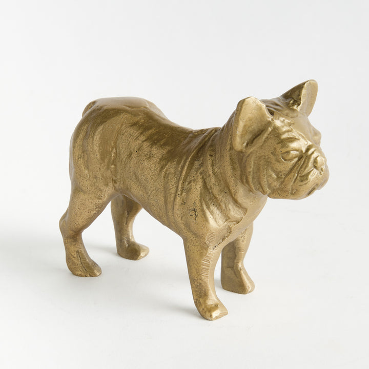 Gold cast aluminum bulldog sculpture viewed from rear angle highlighting dimensional cast detailing – Traditional