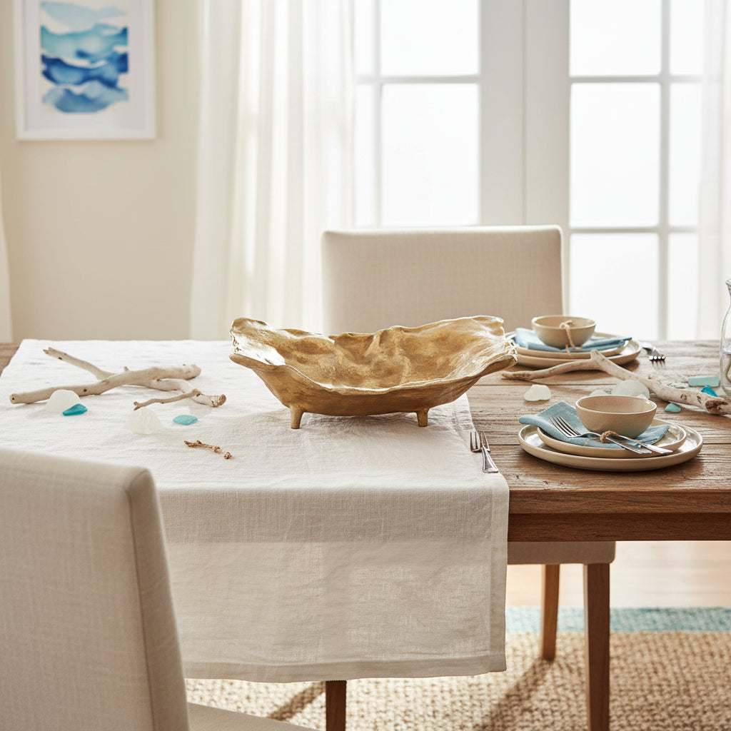 Gold cast aluminum decorative tray styled as a dining table centerpiece with plates and neutral linens in a bright interior setting