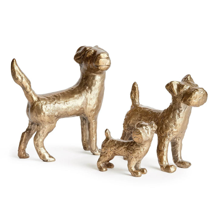 Gold cast aluminum dog figurines set of three with sculptural form and textured finish, decorative tabletop animal accents – Transitional