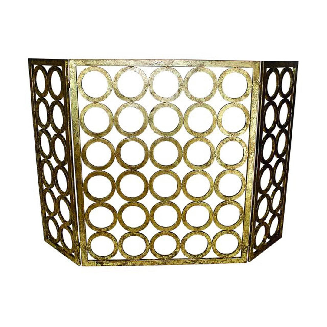 Front view of three-panel gold metal fireplace screen with open circle design – Old World Glam.

