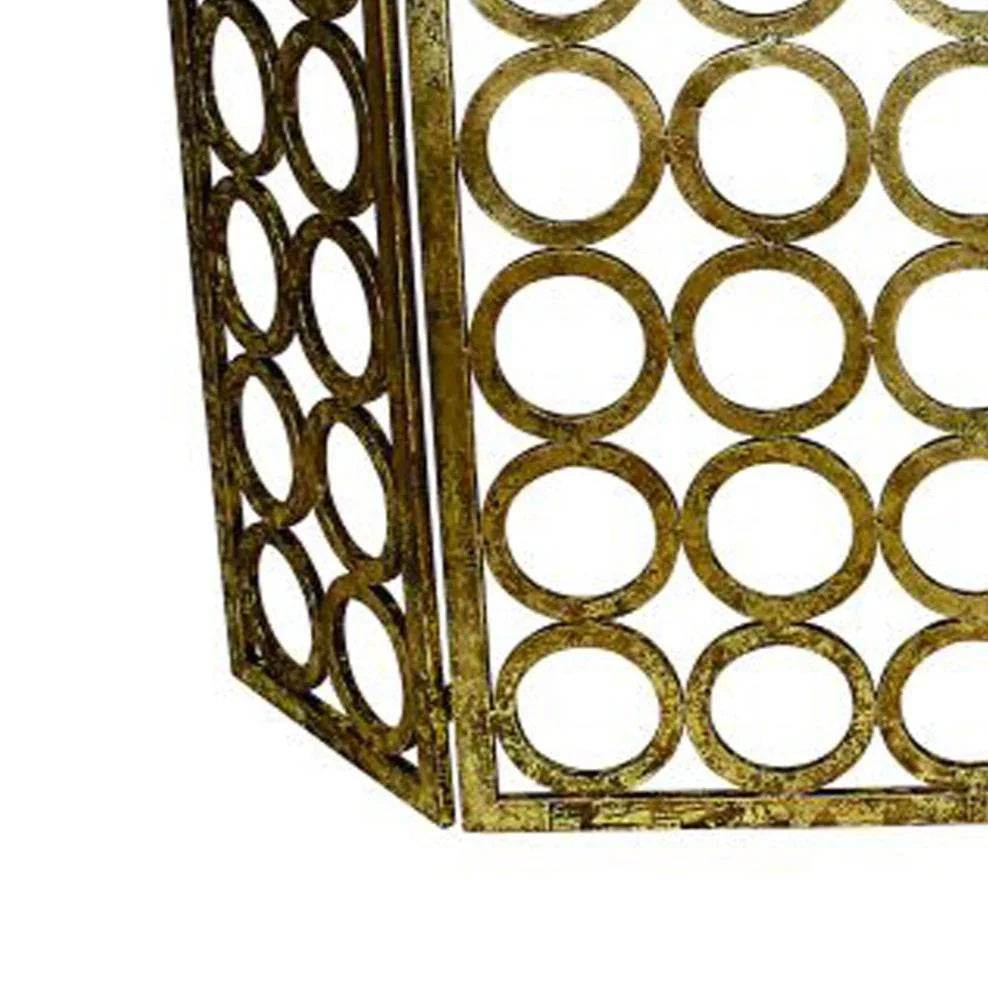 Side view detail of Italian-style fireplace screen with layered circle cutouts – Old World Glam.

