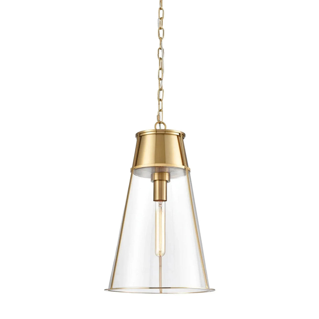 Gold clear glass cone pendant light with a tapered shade, iron frame and hanging chain against white, Transitional style