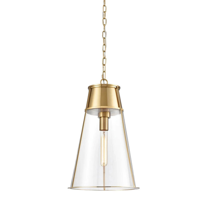 Gold clear glass cone pendant light with a tapered shade, iron frame and hanging chain against white, Transitional style