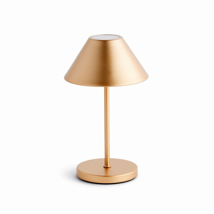 Champagne gold cordless LED table lamp with metal empire shade, rechargeable battery, and touch dimming controls, 10 inch size – Contemporary