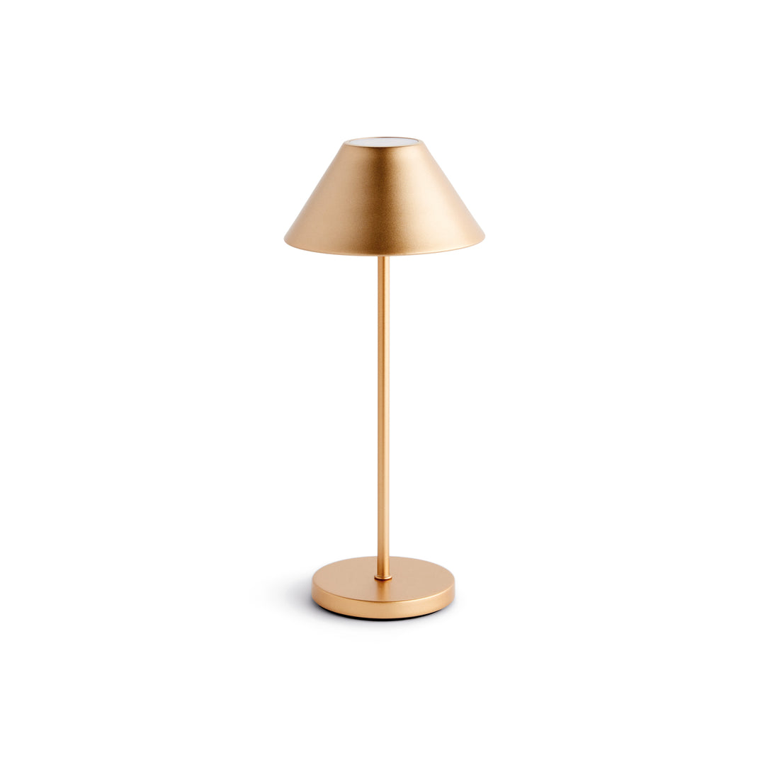 Champagne gold cordless LED table lamp with metal empire shade, rechargeable battery, and touch dimming controls, 14 inch size – Contemporary