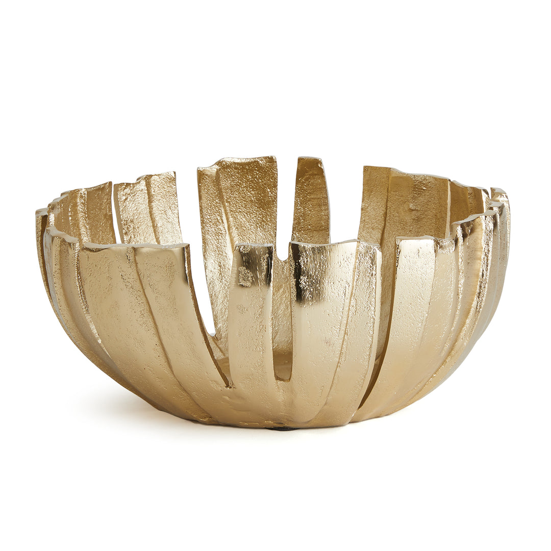 Gold decorative metal bowl with abstract petal design in cast aluminum, 12 inch modern centerpiece for dining table or console.

