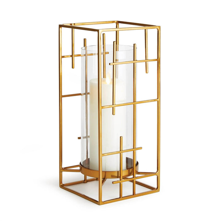 Gold geometric hurricane candle holder with Mondrian-style metal frame and glass cylinder insert – Art Deco Revival


