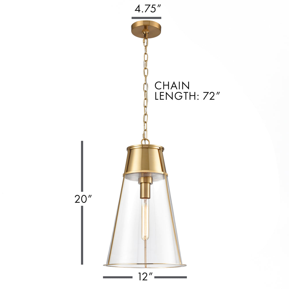Gold glass cone pendant light diagram showing fixture dimensions, hanging chain length and ceiling canopy, Transitional style