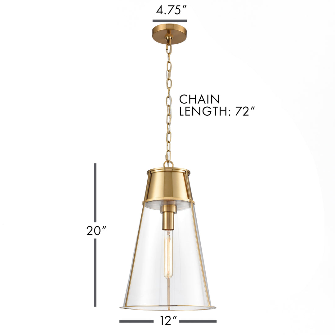 Gold glass cone pendant light diagram showing fixture dimensions, hanging chain length and ceiling canopy, Transitional style