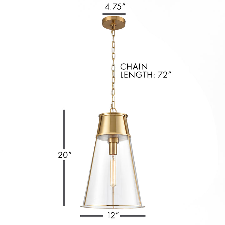 Gold glass cone pendant light diagram showing fixture dimensions, hanging chain length and ceiling canopy, Transitional style