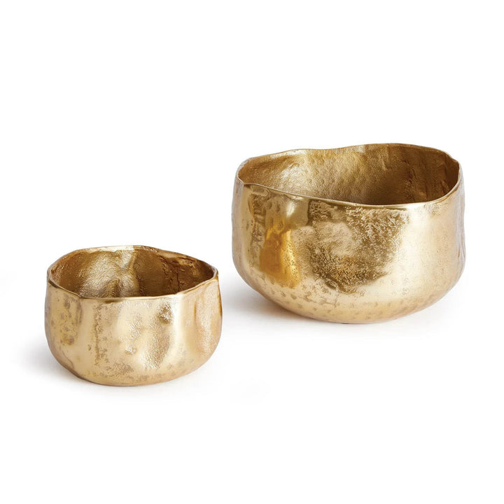 Hammered gold aluminum cachepots shown as a decorative pair with organic texture and rounded bowl silhouette – Modern Organic