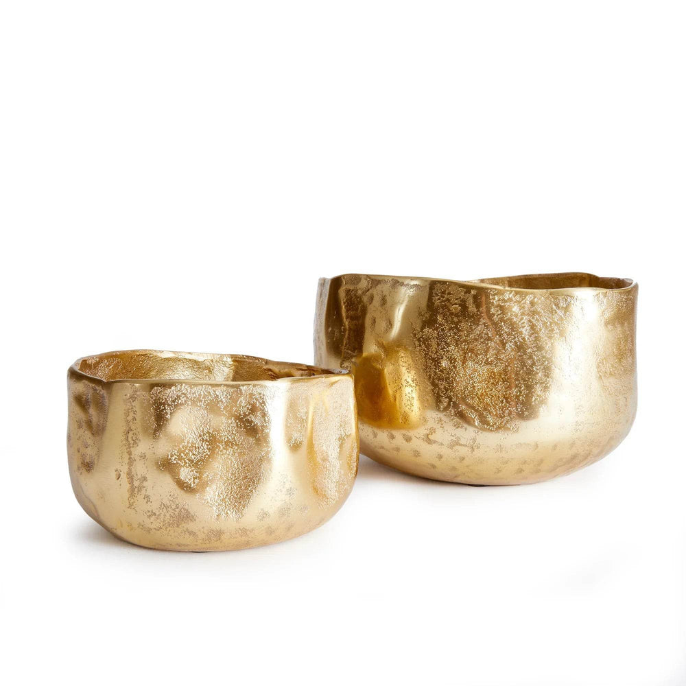 Front silo of two hammered gold aluminum cachepots showing organic rims and rounded form, decorative planter bowls – Modern Organic