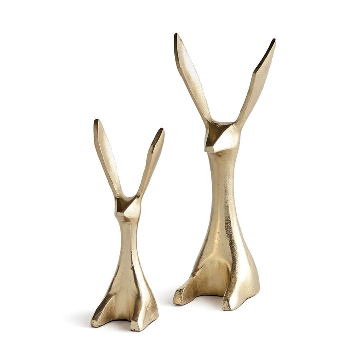 Set of two gold aluminum jackrabbit figurines with long ears and smooth finish, displayed on white background – Modern Coastal.