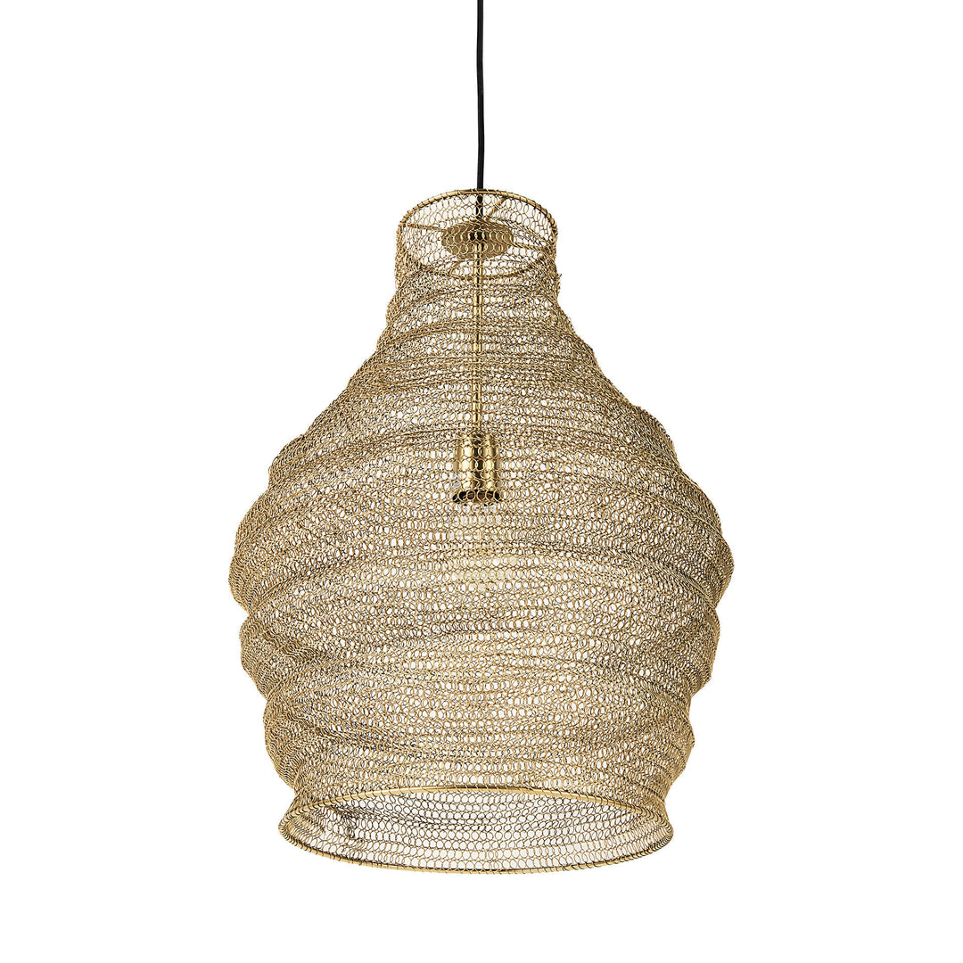 Gold mesh iron pendant light with a sculptural rippled shade and black suspension cord against white backdrop – Transitional
