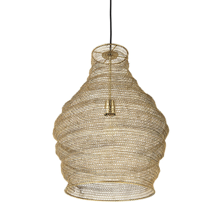 Gold mesh iron pendant light with a sculptural rippled shade and black suspension cord against white backdrop – Transitional