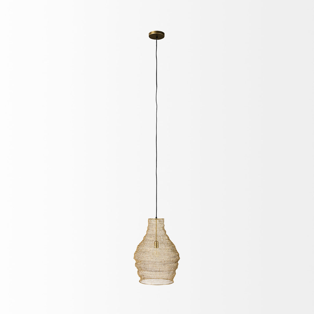 Gold mesh pendant light shown in full with a long black fabric cord and round gold ceiling canopy on white – Transitional